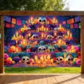 Day of the Dead printed backdrop with sugar skulls, marigolds and candles, displayed outdoors - Altar with Sugar Skulls (SBJ-003) / 95x75cm