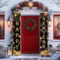 Pair of black and gold New Year door banners with HAPPY NEW YEAR lettering on a snowy porch - Black Gold Glitter Decor Style (SDL-008)