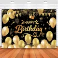 Black gold birthday backdrop cloth with balloons, crown, bunting and “Happy Birthday” print - Style SBJ-003 / 95x75cm