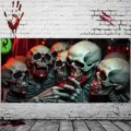 Bannière d’Halloween avec squelettes ensanglantés réunis autour de verres, sur fond rouge sombre - Trinquage de Squelettes (CK-008)