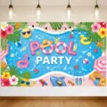 Wide tropical pool party backdrop with colorful floats, fruit, flowers, and “POOL PARTY” lettering - Pool Party Style (SBJ-003) / 95x75cm