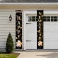 Pair of black New Year banners with gold lettering, balloons and fireworks on a garage door - Balloon Fireworks Couplet Style (SDL-009)