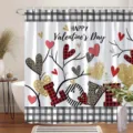 Valentinstags-Duschvorhang mit Herzen in Rot, Schwarz und Gold, LOVE-Schriftzug und Karorand - Feiertagsbuchstaben-Karo (YL-009)