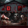 Bannière d’Halloween pour garage avec clowns sinistres, chapiteau de cirque et éclaboussures de sang - Tente de Cirque Clown (CK-009)