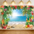 Tropical beach photography backdrop with blue sea, sandy shore, palm leaves and bright flowers - Summer Beach Style (SBJ-004) / 95x75cm