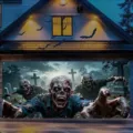 Bannière d’Halloween pour garage avec trois zombies tendant les bras devant un cimetière nocturne - Cimetière de Zombies de Nuit (CK-003) / 400x180cm
