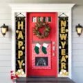 Black and gold New Year door banner set with HAPPY NEW YEAR lettering, balloons and fireworks - Gold Glitter Happy Style (SDL-003) / 30x150cm
