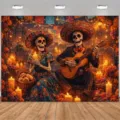 Day of the Dead printed fabric backdrop with two skeletons, candles, marigolds and a festive cemetery - Skeleton Couple with Guitar (SBJ-004) / 95x75cm
