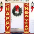 Pair of red and gold New Year door banners with HAPPY NEW YEAR lettering beside a white door - Red Festive New Year Style (SDL-004) / 30x150cm