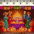 Day of the Dead backdrop with skeleton figures, marigolds, candles and colorful papel picado - Festive Altar Decor (SBJ-005) / 95x75cm