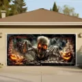 Bannière de porte de garage d’Halloween avec squelette dans un mur brisé, citrouilles et toiles - Squelette Brise le Mur Citrouille (CK-005)