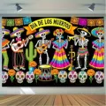 Day of the Dead party photo backdrop with colorful skeleton band, marigolds and papel picado - Dia de Muertos Cactus Theme (SBJ-006) / 95x75cm