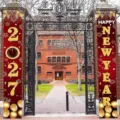 Pair of red and gold New Year door banners with 2027, Happy New Year, fireworks and balloons - 2027 Clock Style (SDL-005)