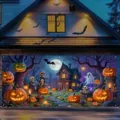 Bannière de garage Halloween avec citrouilles lumineuses, squelettes, fantômes et maison hantée - Maison Hantée Fantôme Citrouille (CK-006)