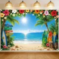 Fondo fotográfico de playa tropical con palmeras, flores coloridas, tablas de surf y mar azul - Estilo Playa de Surf (SBJ-005)