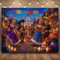 Day of the Dead party backdrop cloth with colorful dancing sugar skulls, marigolds and papel picado - Night Town Celebration (DABJB137) / 95x75cm