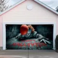 Bannière de porte de garage Halloween avec clown effrayant, ballon rouge et texte HAPPY HALLOWEEN - Ballons de Clown d'Horreur (CK-007)