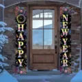 Pair of black New Year porch banners with colorful fireworks, clock motifs and festive lettering - Colorful Fireworks Clock Style (SDL-007)