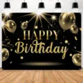 Schwarzer und goldener Geburtstags-Fotohintergrund mit Ballons, Sternen und Luftschlangen - Stil SBJ-006