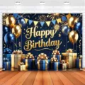 Hintergrund für Geburtstagsfotos in Dunkelblau und Gold, mit Ballons, Geschenken und Feuerwerk - Stil SBJ-007