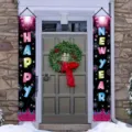 Pair of black New Year door banners with colorful HAPPY NEW YEAR lettering and fireworks - Neon Colorful Text Style (SDL-010)