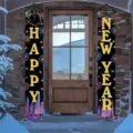Black New Year door banners with gold lettering and colorful fireworks beside a snowy entrance - Gold Sparkling Font Style (SDL-011)
