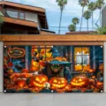 Bannière Halloween de garage, orange et noire, avec sorcière, citrouilles, fantômes et crânes - Sorcière Citrouille Fantôme (CK-012)