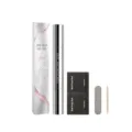 Nail care set on white background with silver gel pen, pink box, prep pads, file and wood stick - Pink
