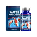 Aquarium water purification tablets, 100 g, in blue bottle beside box with koi fish - 100.00g