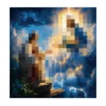 Dishwasher magnet with stormy blue sky, lightning, golden rays, rocky cliffs and blue flowers - Cloud Portrait Style (SKU00054534) / 1 Piece