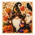 Cuadro de Halloween con cuentas y pedrería: gnomo mago, escoba, poción, calabazas, fantasma y cuervo - Gnomo Mago Cuervo Fantasma
