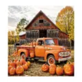 Halloween dishwasher magnet with an orange vintage pickup, pumpkins, and a rustic autumn barn - Autumn Harvest Pumpkin Pickup Style / 1 Piece