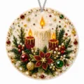Round Christmas candle beadwork ornament with red, green, gold details and a hanging chain - Christmas Candle / 1 Piece