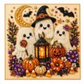 Cuadro decorativo de Halloween con tres fantasmas perlados, sombrero de bruja, calabazas y farol - Fantasma Calabaza
