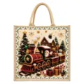 Sac cabas en jute avec scène de train de Noël en relief perlée et bordure tissée décorative - Petit Train du Père Noël