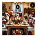 Christmas dishwasher magnet featuring cats and dogs in festive sweaters around a holiday table - Cat And Dog Christmas Dinner Style / 1 Piece