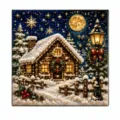 Tableau diamant de Noël 5D avec un chalet enneigé décoré de perles sous un ciel étoilé - 1 Pièce/Paquet / Style Cabane à Neige