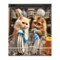 Magnetic dishwasher door decor showing two fluffy cats washing dishes among plates and glasses - Cute Cat Washing Dishes Fun Style / 1 Piece