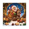 Christmas dishwasher magnet decor with Santa and a reindeer carrying gifts in a snowy scene - Santa And Reindeer Broken Window Style / 1 Piece