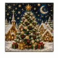 Tableau diamant 5D de Noël carré, avec sapin scintillant, perles, maisons enneigées et cadeaux - 1 Pièce/Paquet / Village de Noël et Sapin