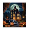 Halloween dishwasher magnet with a moonlit haunted mansion, vintage car and glowing jack-o'-lanterns - Halloween Castle Vintage Car Style / 1 Piece