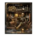 Steampunk dishwasher magnet featuring a brass-toned skeleton, gears, pipes and pressure gauge - Steampunk Skeleton Style / 1 Piece