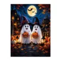 Halloween dishwasher magnet with two ghosts holding glowing pumpkins beneath a full moon - Ghost Holding Pumpkin Castle Style / 1 Piece