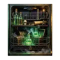 Dishwasher magnet with a vintage alchemy cabinet illustration, glowing green potion bottles and skull - Halloween Magic Treasure Room Style / 1 Piece