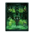 Dishwasher magnet featuring a surreal green laboratory scene with flasks, wires and a skull - Franken Laboratory Style / 1 Piece