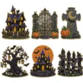 Set van zes Halloween-decoraties met strass: spookhuis, poort, grafsteen en kasteel - Halloween Kasteel Thema / 6-Delige Set