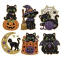 Έξι διακοσμητικά Halloween με μαύρες γάτες από στρας, κολοκύθα, μάγισσα, φεγγάρι και νυχτερίδα - Θέμα Μαύρη Γάτα Halloween / Σετ 6 Τεμαχίων