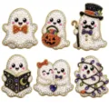 Zes Halloween-spookbroches met witte imitatieparels, fonkelende strassstenen en gouden randen - Spook Cartoon Thema / 6-Delige Set
