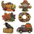Herfstdecoratieset met zes strasfiguren, goudkleurige randen en kleurrijke seizoensmotieven - Herfst Oogst Thema / 6-Delige Set