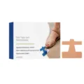 30-piece skin-tone self-adhesive toe support patches, T-shaped, shown with packaging and on foot - 30 Packs